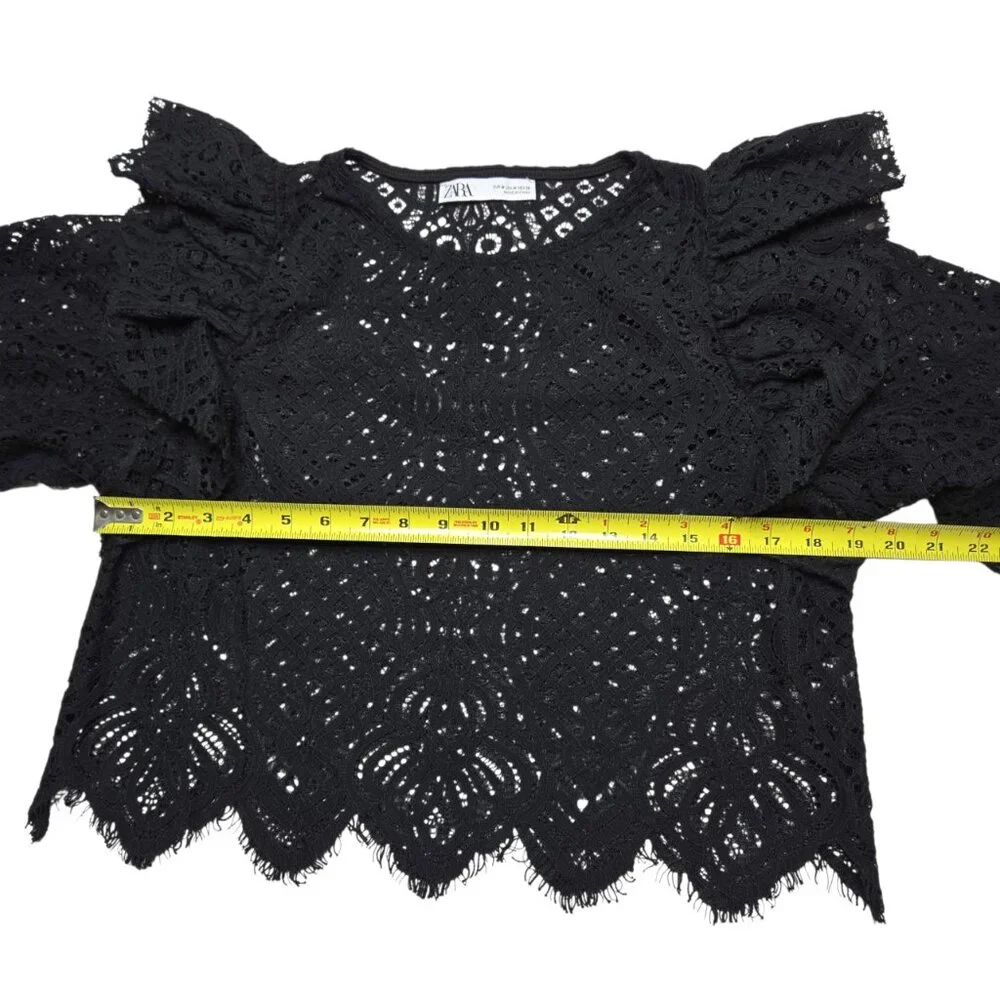 Zara Crop Top Women Medium Black‎ Sheer Open Knit Bell Sleeve Whimsigoth Ruffle